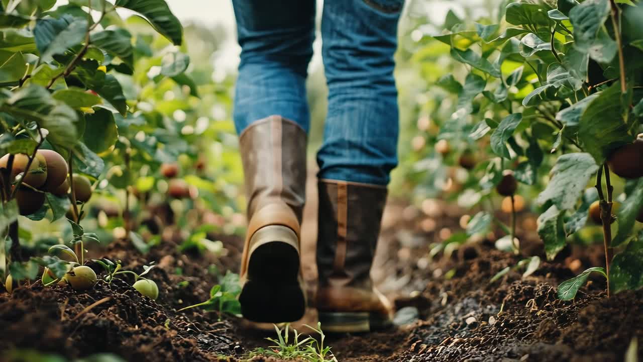 Low-angle video shot of a person in boots walking through a lush garden, emphasizing the earthy
