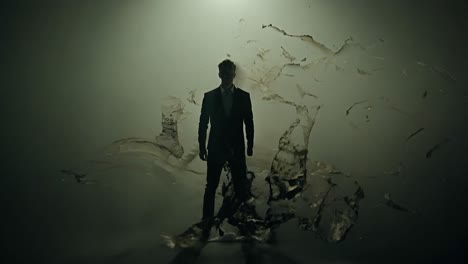 businessman in a suit emerges from an abstract form of dark ink cascading down, creating a sense of magic and mystery