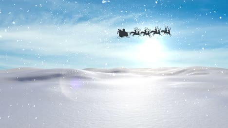 Animation-of-snow-falling-over-silhouette-of-santa-claus-in-sleigh-with-reindeer-in-winter-scenery