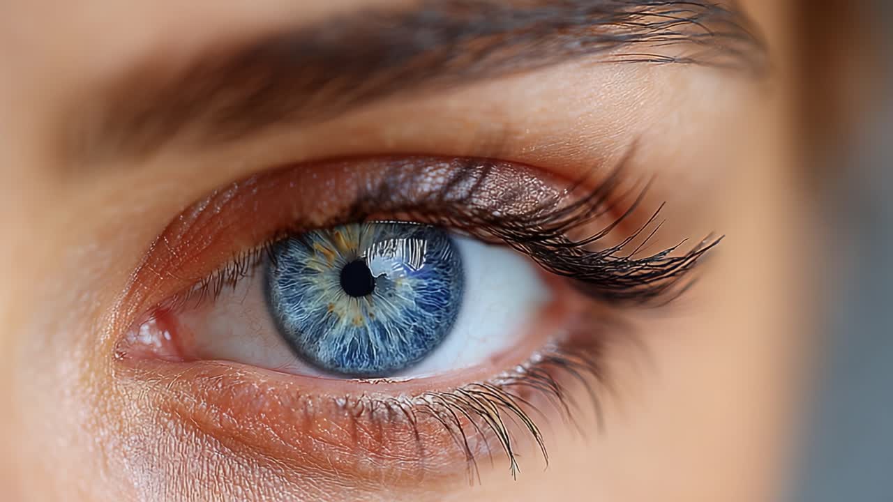 Un impresionante primer plano de un hermoso ojo, mostrando una coloración azul única y detalles llamativos en pestañas, párpados y patrones del iris.