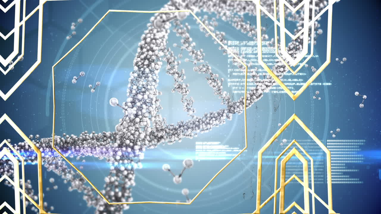 dna 가닥 위의 금색 모양의 애니메이션과 파란색 배경의 데이터 처리