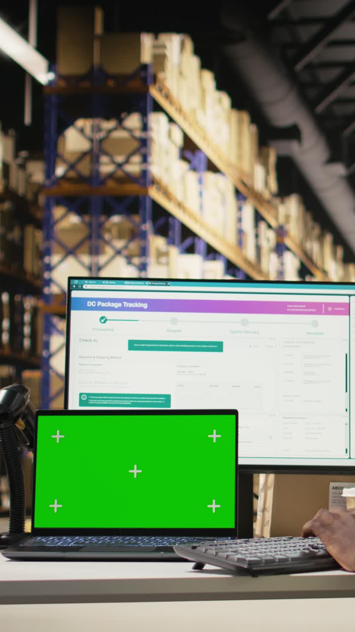 Vertical Video E-commerce worker registering airway bills in the system with copy space