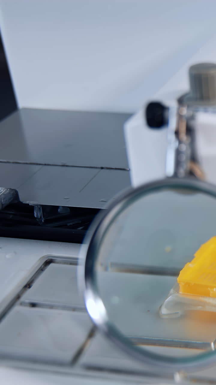 Woman scientist working with modern microscope. Female scientist studies biological samples through the microscope in the laboratory. Vertical video