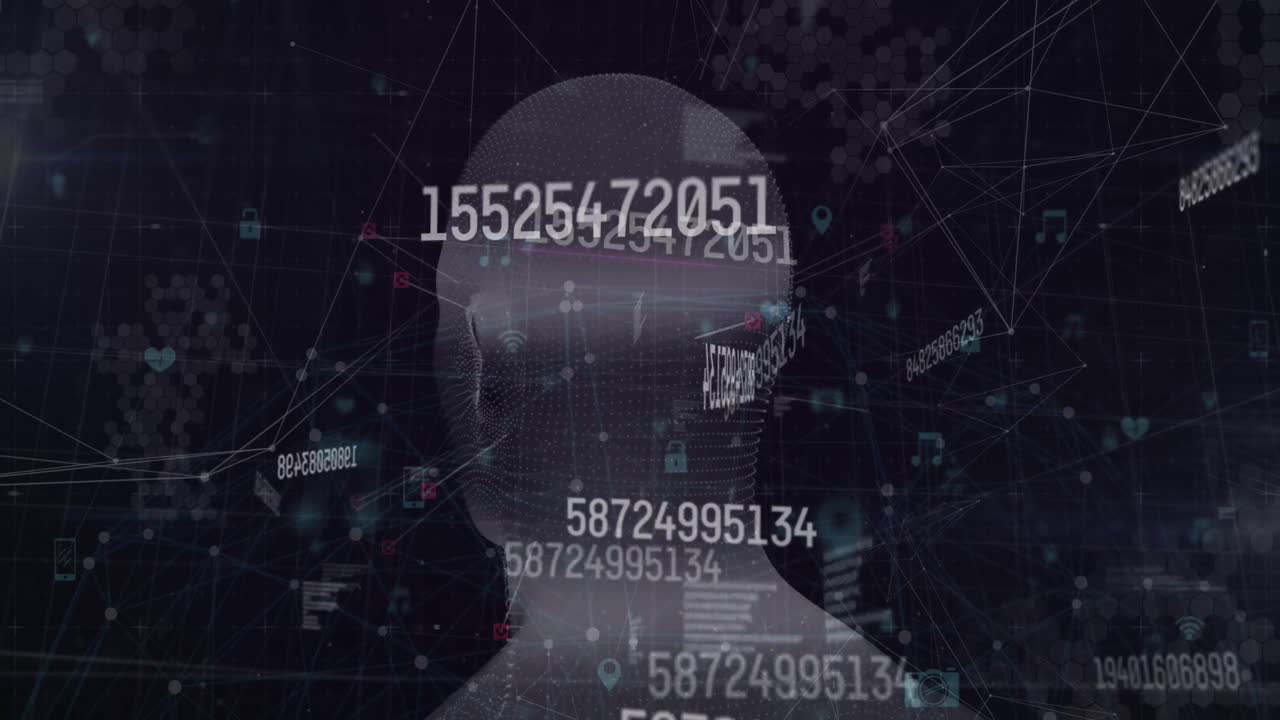 animación de un modelo humano tridimensional que gira con números y varios signos