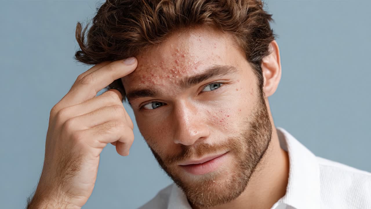 Un giovane uomo riflessivo con imperfezioni sul viso che medita sulla vita, ripreso in un ambiente minimalista di uno studio su uno sfondo blu tenue