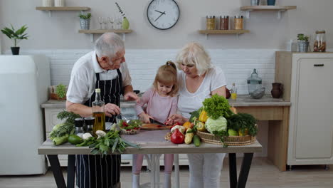 elderly grandparents in kitchen teaching grandchild girl how to cook salad, chopping red pepper