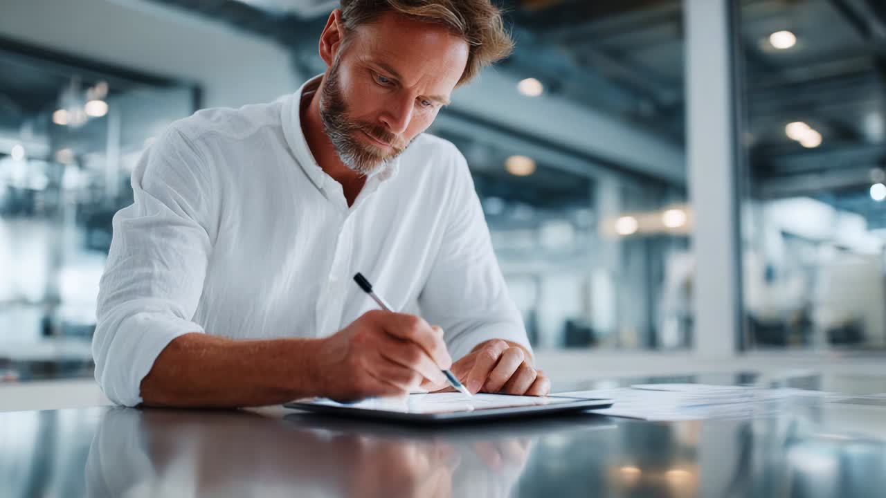 Focused Professional Engaged in Writing Task with a Pen on Digital Tablet in Modern Stylish Workplace Environment, Emphasizing Concentration and Creativity for Accurate Documentation and Output