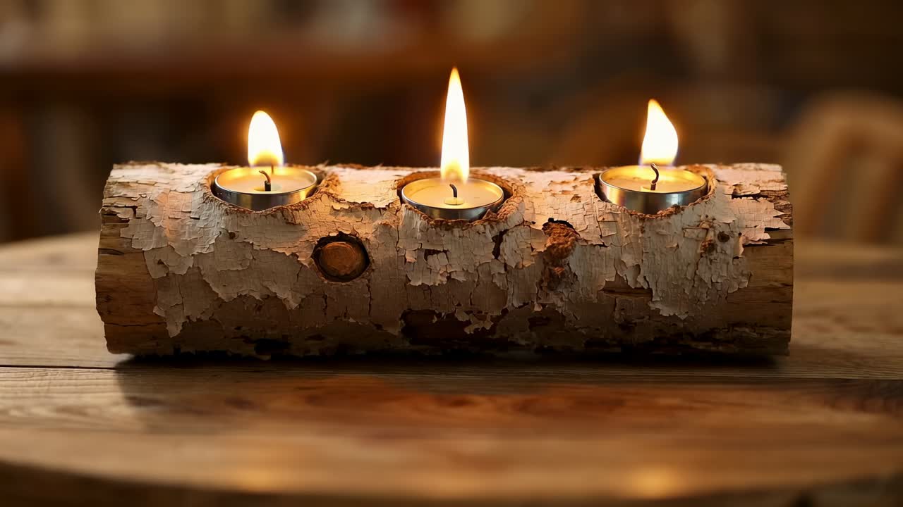 Flickering birch log tealights reacting to draft, middle flame elongating, reflecting on wood table