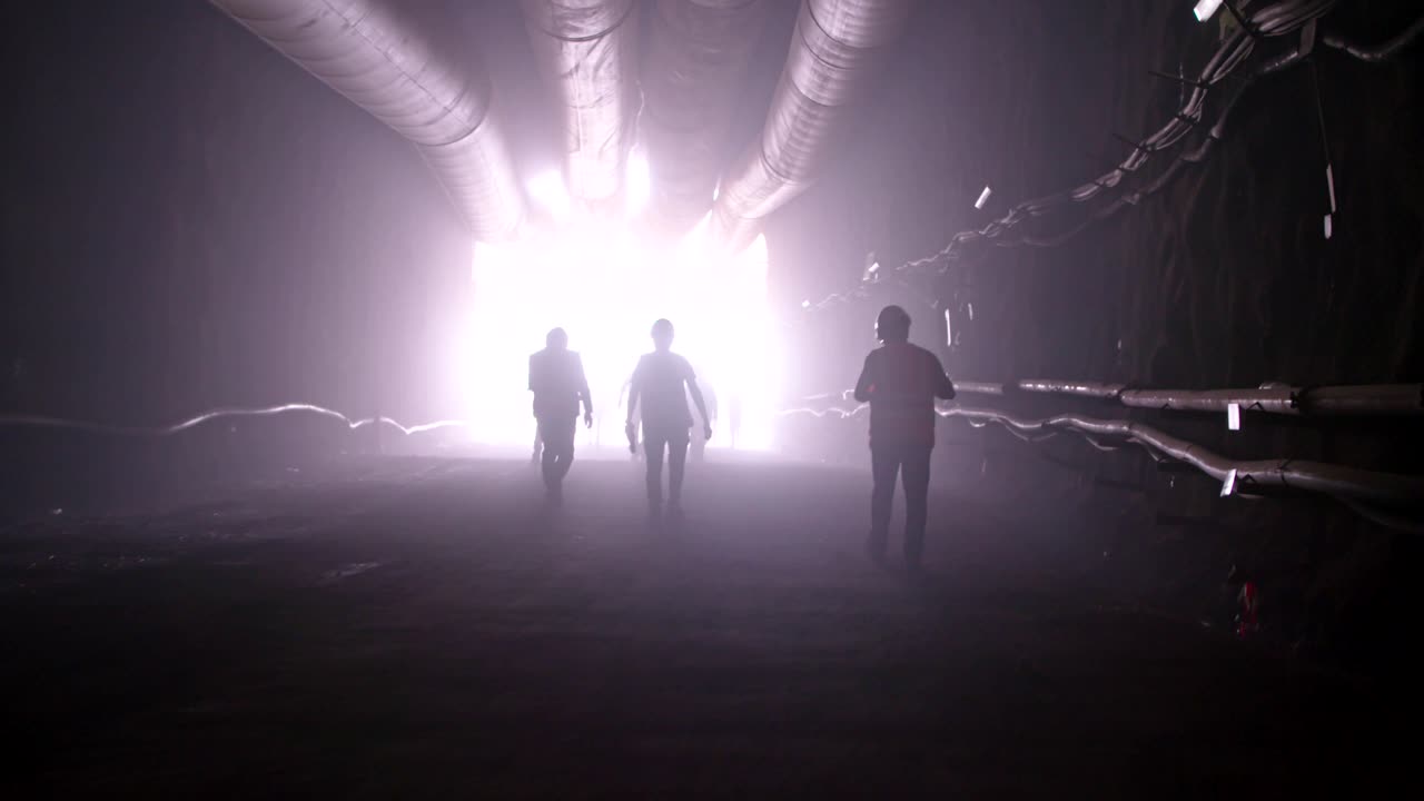 silueta de muchos trabajadores de la construcción saliendo de un gran túnel