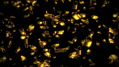 flying many golden padlocks on black background. security or secret protection concept. 3d animation of padlocks rotating. loop animation.