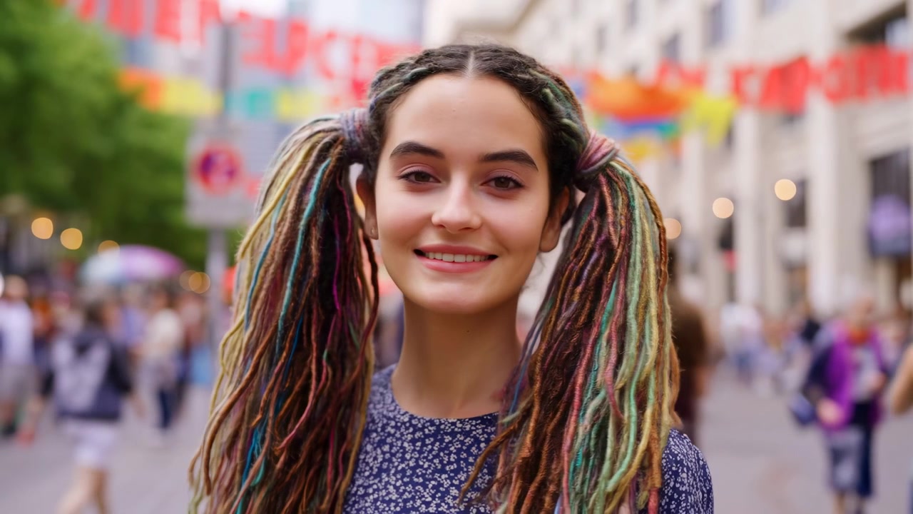 Donna con dreadlock colorati che sorride a un festival di strada, ritratto urbano spontaneo con folla sfocata