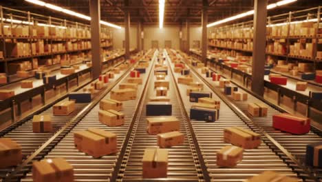An Inside Look at a Modern Warehouse System: Showcasing the Efficient Movement and Organization of Packages Along Conveyor Belts in a Vast Storage Facility