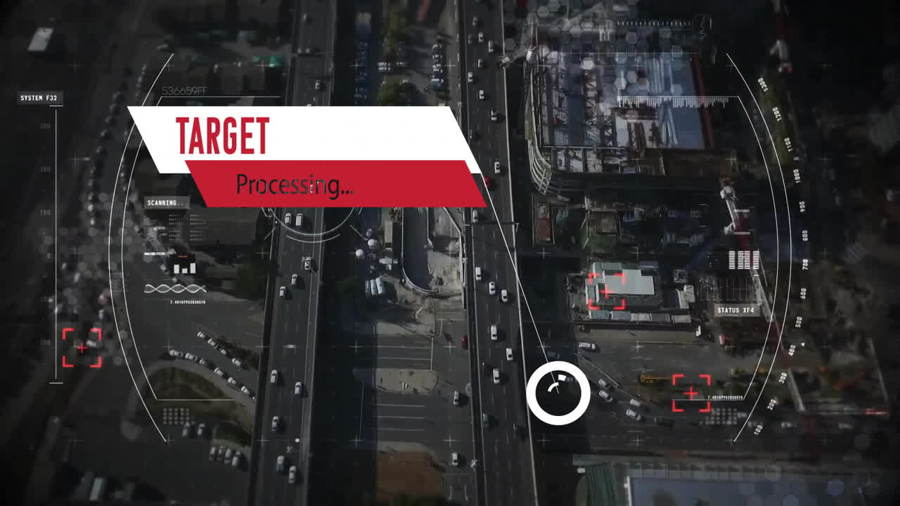 Target processing animation over aerial view of busy urban traffic