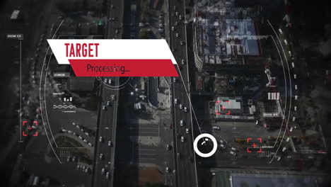 target processing animation over aerial view of busy urban traffic