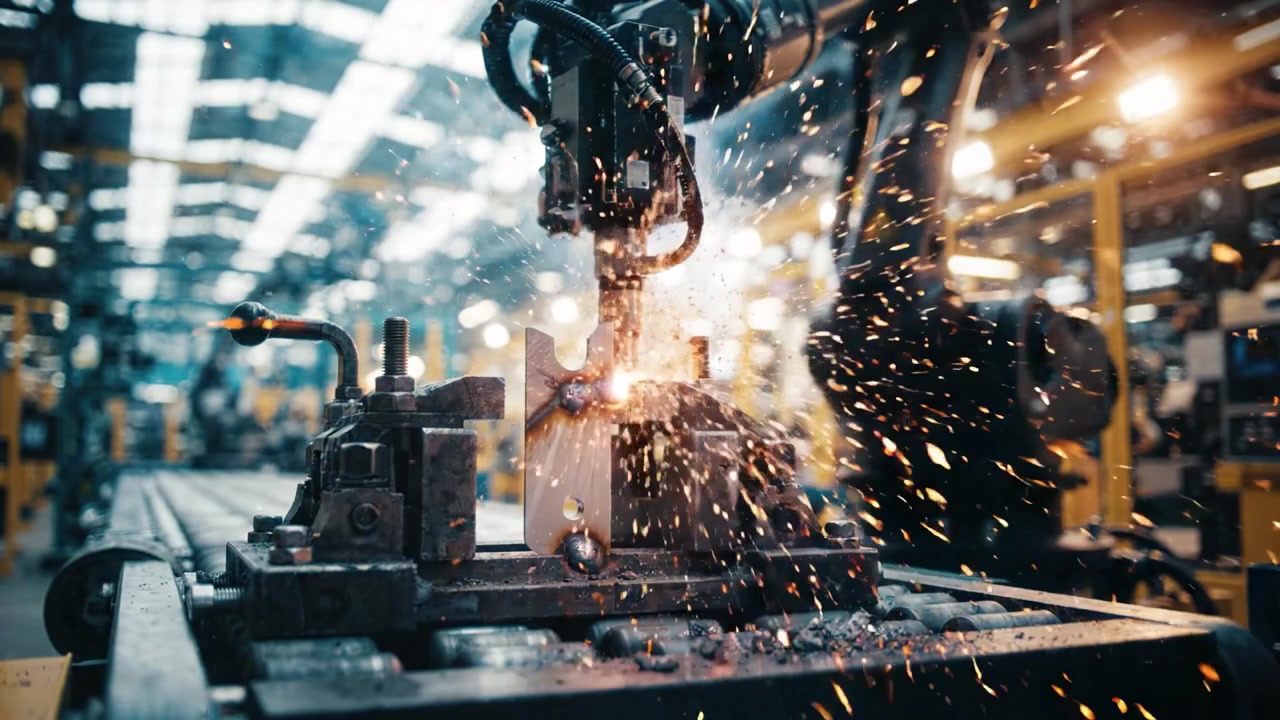 Otomatik Kaynak Süreci: Modern bir üretim tesisinde, birleşim yerinden kıvılcımlar ve parlak ışık yayan, metal bileşenleri hassas bir şekilde kaynak yapan bir robot kolu.