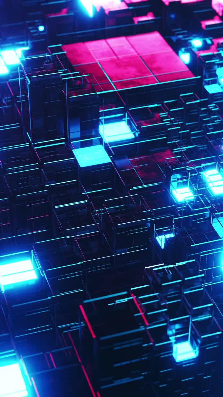 Parete con molti frammenti di luce blu e rossa. Video verticale in loop