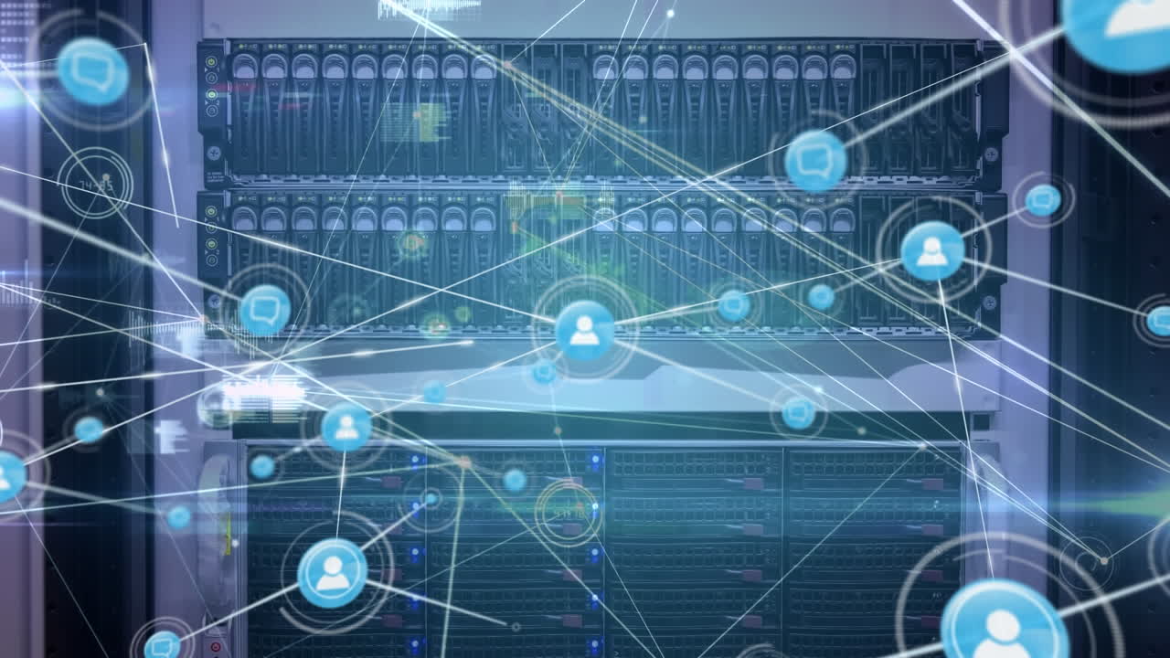 Animation of network of connections with icons over server room and data processing