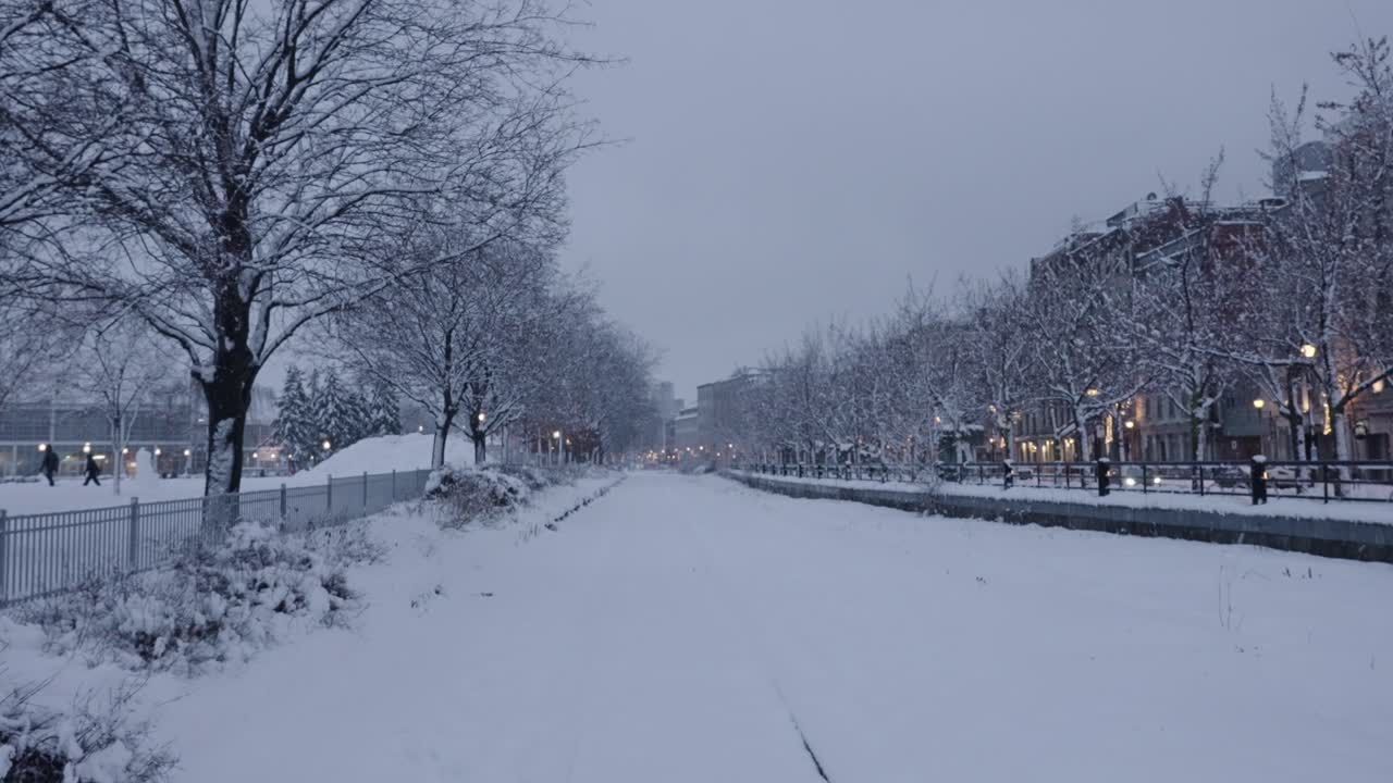 빈 도로에 눈 덮인 철로