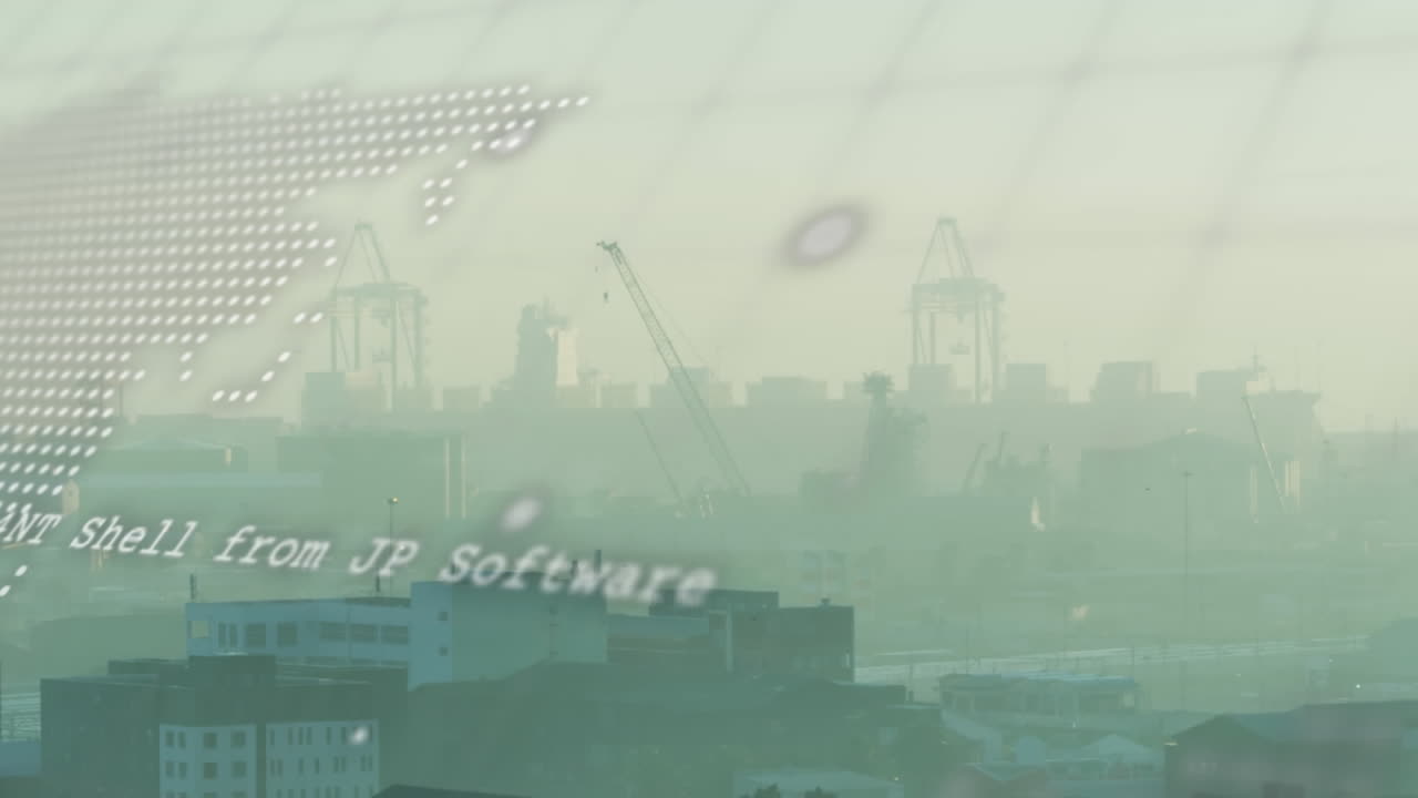 도시 풍경의 공중 전망에 대한 세계 지도에 대한 데이터 처리의 애니메이션