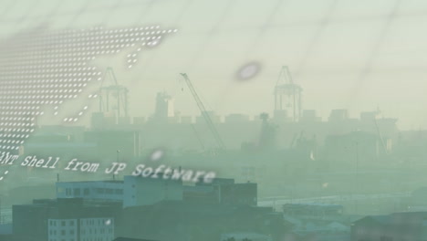 animation of data processing over world map against aerial view of cityscape