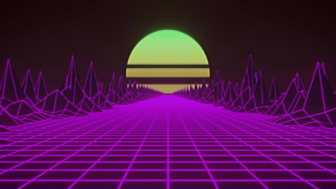 Magenta grid scene unfolding, left-horizon sparkles sweeping to form chrome Happy Diwali greeting