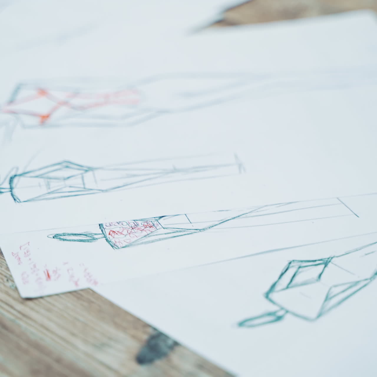 White sheets of papers with stylish sketches painted on the table. A lot of creative works of a fashionable designer and red material for seamstress in atelier.