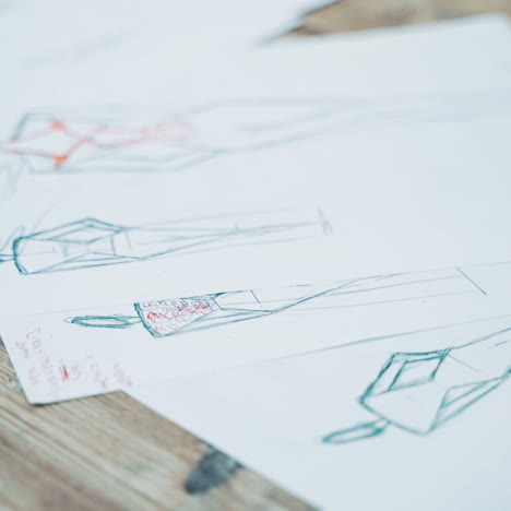 white sheets of papers with stylish sketches painted on the table. a lot of creative works of a fashionable designer and red material for seamstress in atelier.