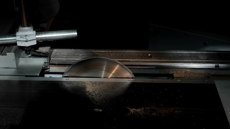 4K A new and powerful circular saw works on woodworking production.