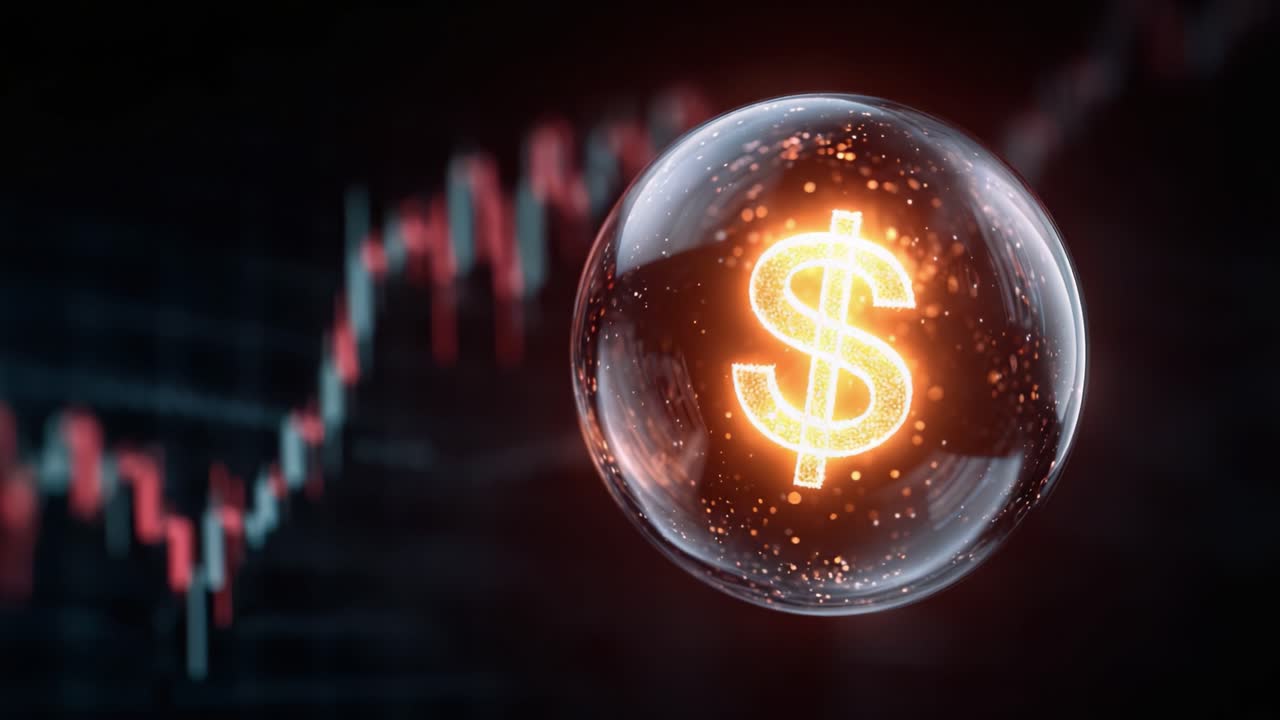 Et glødende dollarsymbol inde i en boble mod en baggrund af finansiel vækst, der afspejler skæringspunktet mellem valuta og markedstendenser