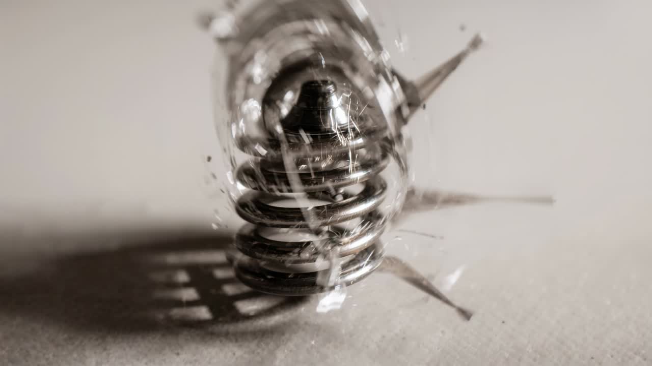 Falling drop striking compression spring in studio, forming crown sheet, scattering droplets