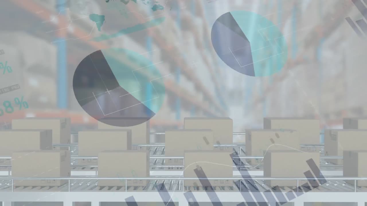 창고의 컨베이어 벨트에 있는 상자 위에서 금융 데이터 처리의 애니메이션