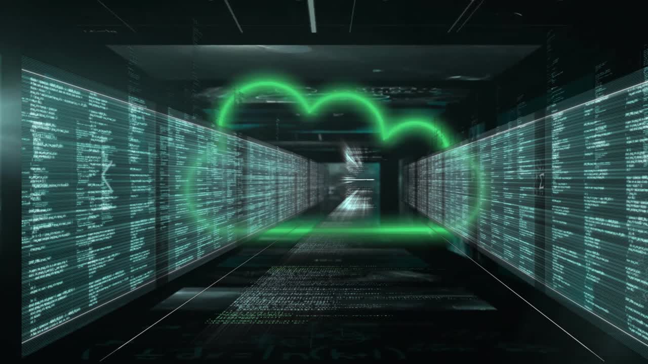 Animation of cloud icon and data processing over dark background
