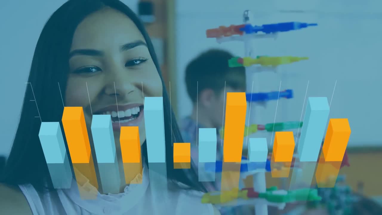 procesamiento de datos estadísticos contra una maestra tocando el modelo de estructura de adn en el laboratorio