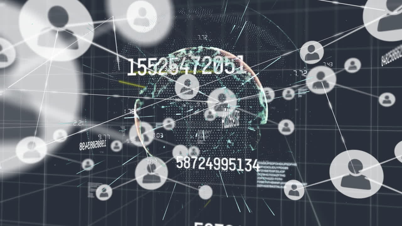 Animation of network of connections with icons over globe and data processing on black background