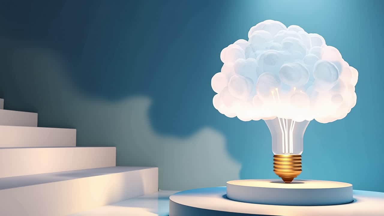 Leuchtende Glühbirne sendet eine Lichtwolke aus. Blaue Töne heben minimalistische Umgebung hervor. Treppen führen nach oben, symbolisieren Fortschritt. Licht strahlt als Konzept der Innovation. Ideal für Startup, Tech