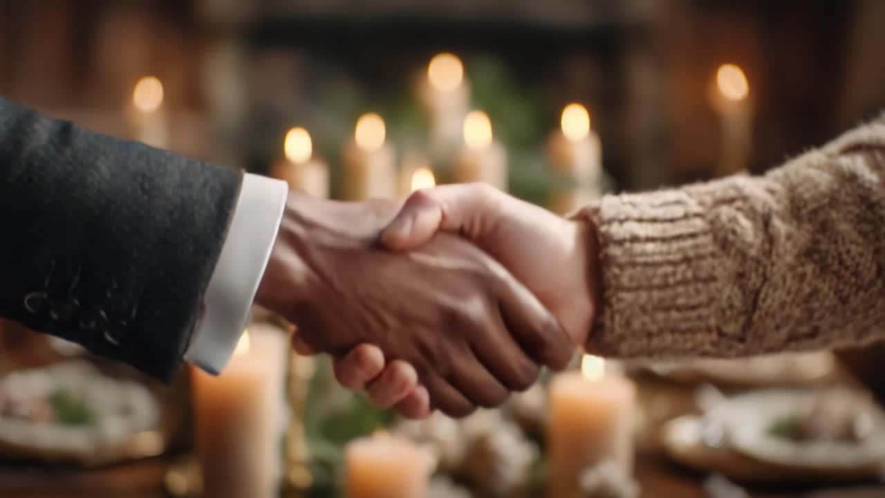 A Heartfelt Connection: Closing the Evening with a Firm Handshake Amidst Candlelit Elegance and Cozy Dinner Vibes