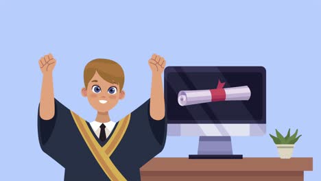 niño graduado con escena de escritorio graduación en línea
