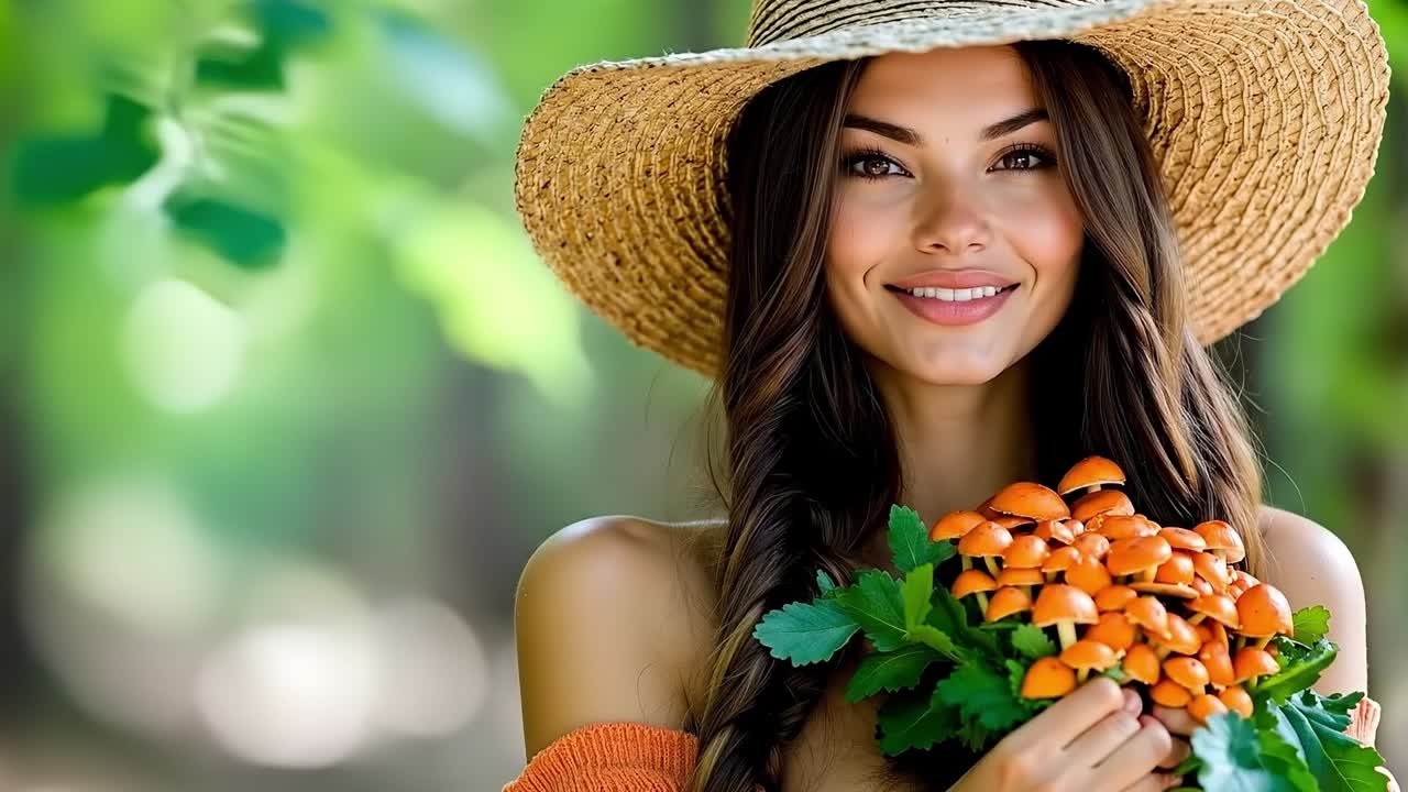 A woman in a straw hat holding a bunch of mushrooms