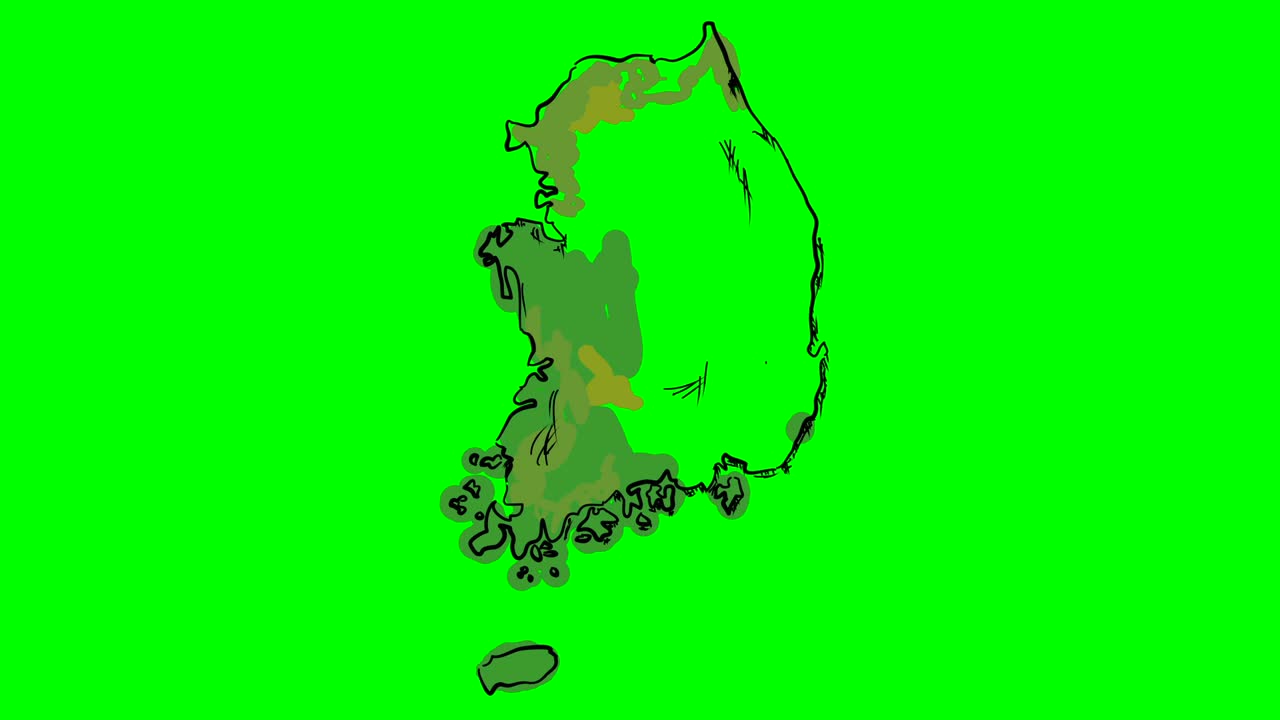 한국은 녹색 스크린에 색의 지도를 그려서 고립된 화이트보드