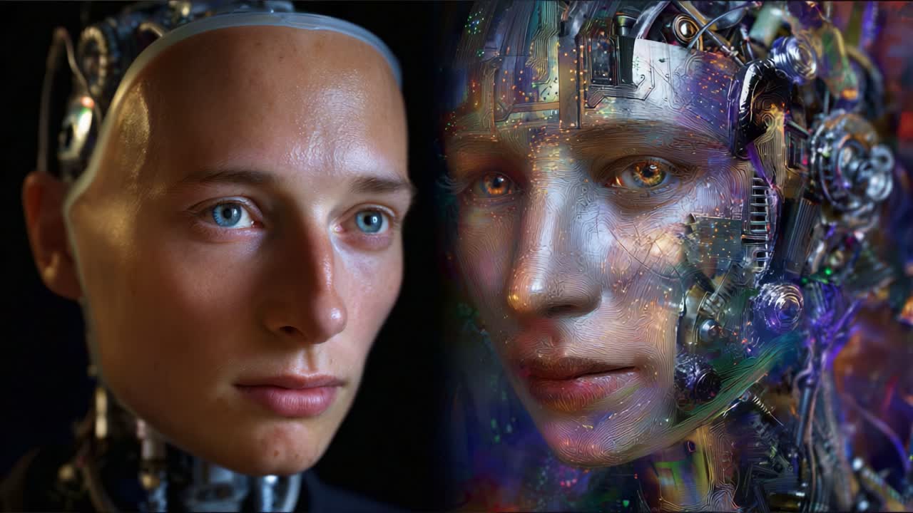 Esplorando l'intersezione tra umanità e tecnologia: primo piano di un robot dalle sembianze umane e il suo design futuristico per comprendere l'identità nell'IA