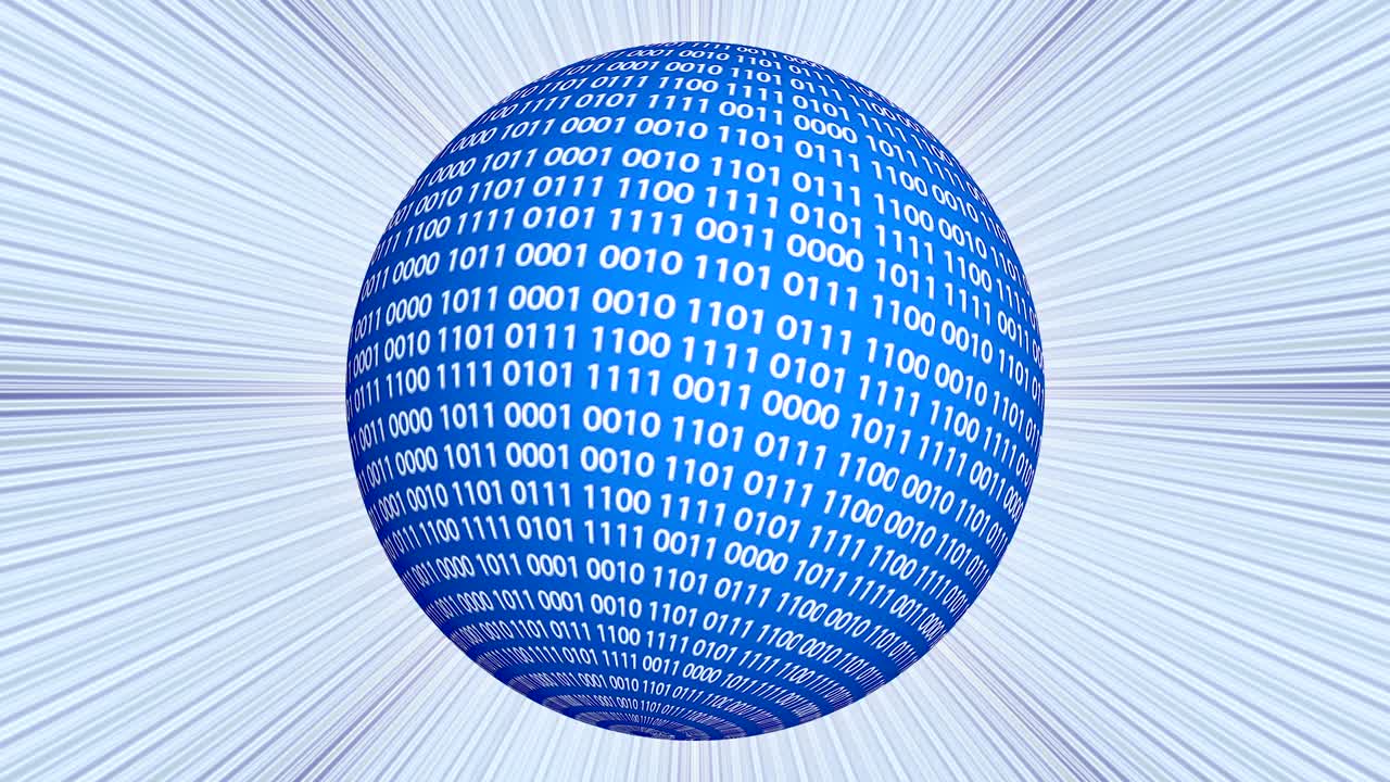 Binary code sphere rotating over light rays background