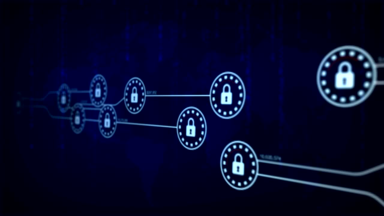 4K animation Security lock with loading connection line for futuristic cyber technology network safety and protection concept, with blur and shallow depth of field