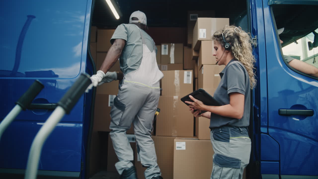 Delivery Team Managing Packages from a Blue Van