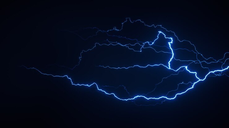 Fulmine blu con sfondo scuro, rendering 3D