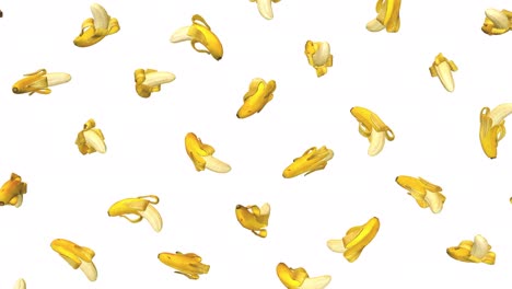 flying yellow fresh peeled bananas. abstract art background. realistic 3d animation. bright loop motion graphic for food broadcast.