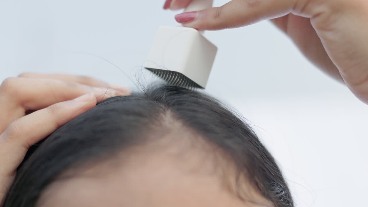 Microneedling treatment, androgenic alopecia, a woman using derma stamp on alopecia head to treat hairloss and stimulating new hair growth.