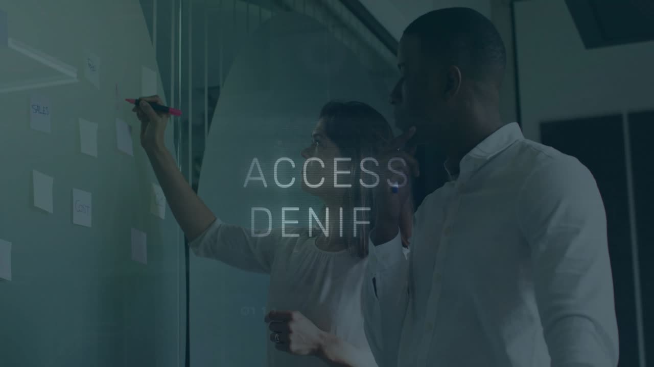 Animation of access denied text, binary codes, diverse coworkers planning strategy on sticky notes