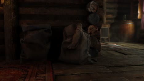 dark interior of retro log house