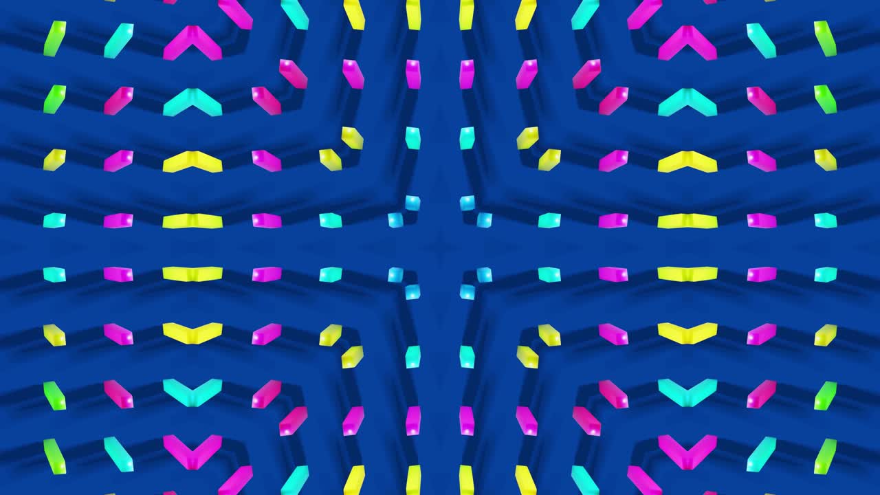 composición simétrica abstracta, elementos 3d se iluminan como bombillas con luz de neón multicolor. bg en bucle para espectáculos o eventos, exposiciones, festivales o conciertos, videos musicales, dj o vj para clubes nocturnos.