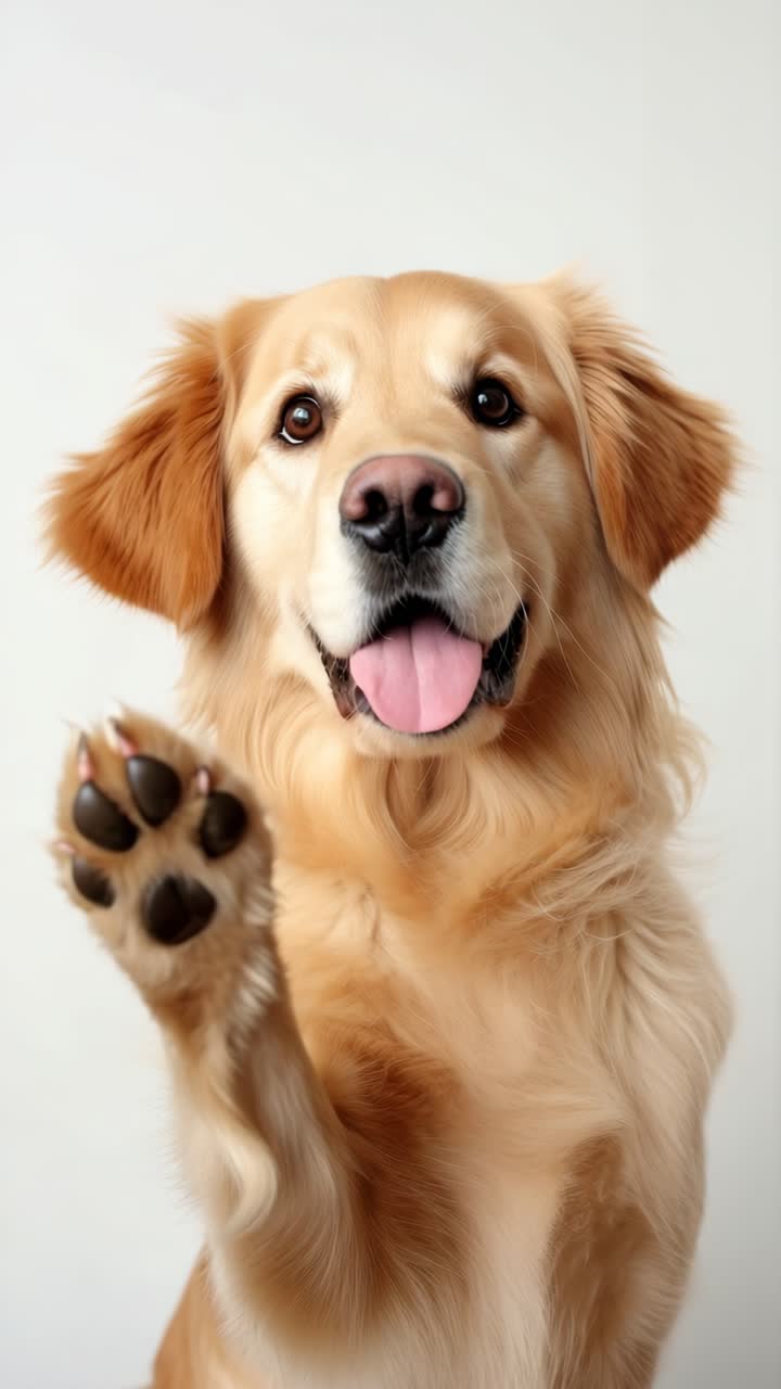 A friendly golden retriever poses with a raised paw in a close-up, eye-level shot